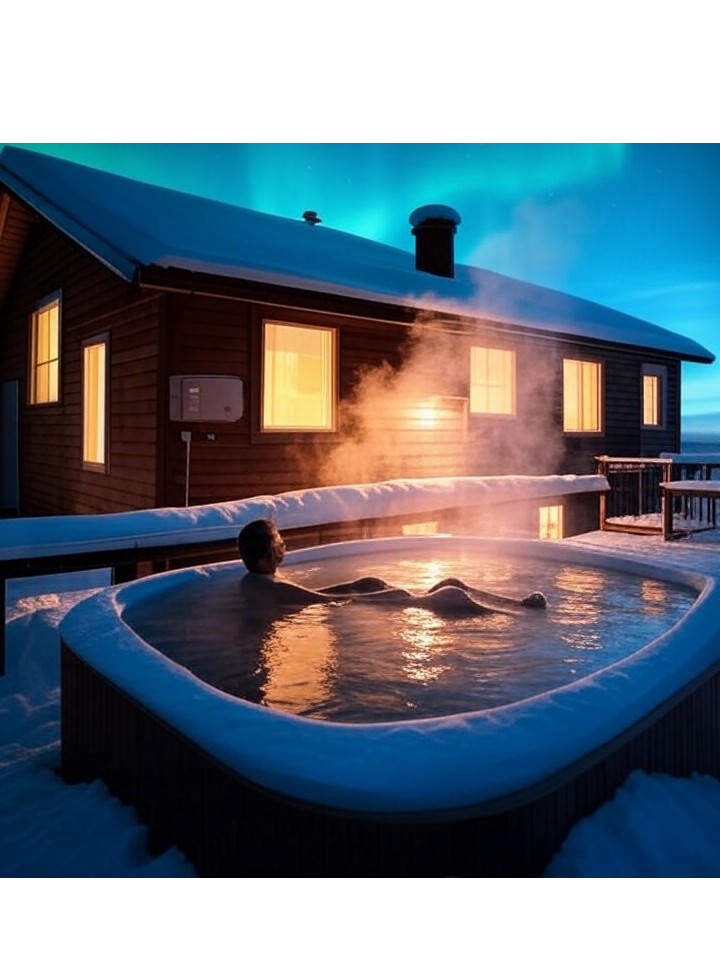 An outdoor hot tub steaming on a snow-covered deck beside a lit cabin at night